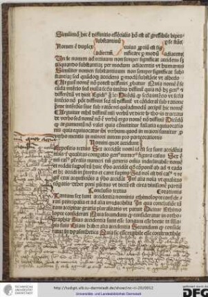 Expositio textus: sex accidunt nomini id est sex sunt accidentia nominis scilicet qualitas comparatio genus numerus figura casus.