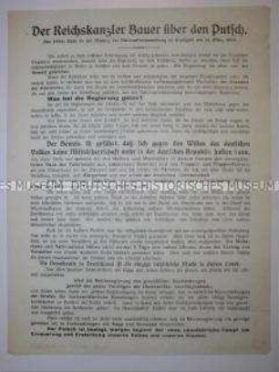 Flugblatt mit Auszügen aus der Rede von Reichskanzler Bauer am 18. März 1920 in Stuttgart anlässlich des Kapp-Putsches