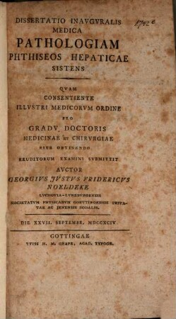Diss. inaug. med. pathologiam phthiseos, hepaticae sistens
