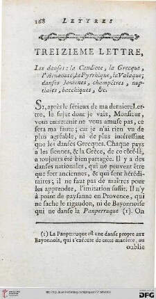 Trezième lettre: Les danses: la Candiote, la Grecque, L’Arnaoute, la Pyrrhique, la Valaque ; danses, Jonienes, champêtres, nuptiales, bacchiques, &c.
