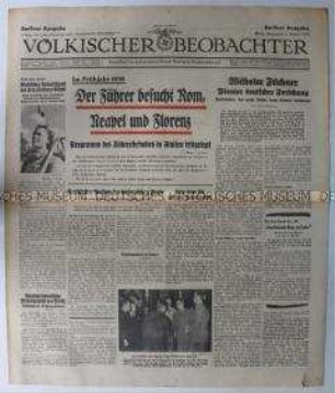 Tageszeitung "Völkischer Beobachter" u.a. mit der Ankündigung des Staatsbesuches Hitlers in Italien