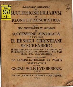 Disqvisitio Academica De Svccessione Filiarvm In Regnis Et Principatibus