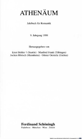 Athenäum : Jahrbuch der Friedrich Schlegel-Gesellschaft. 9, 9. 1999
