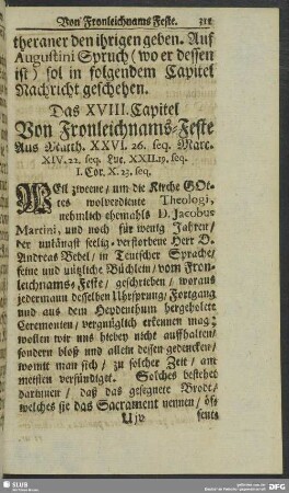Das XVIII. Capitel Von Fronleichnams-Feste Aus Matth. XXVI. 26. seq. Marc. XIV. 22. seq. Luc. XXII. 19. seq. I. Cor. X. 23. seq.