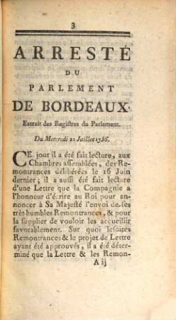 Arresté Du Parlement De Bordeaux : Extrait des Registres du Parlement. Du Mercredi 21 Juillet 1756