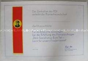 Vordruck einer Urkunde der Pionierorganisation zur Verleihung der Ehrenschleife (blanko)