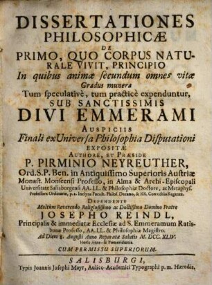 Dissertationes philosophicae de primo quo corpus naturale vivit principio