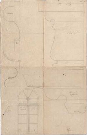 Voit, August von; Kirchheimbolanden; Synagoge - Sockelgesims - Profil, Kapitell zur Säule am Fensterprofil, Gesims über dem Spiegelgewölbe - Profil u. Fußgesims des Sockels - Profil (Ansicht, Schnitte)
