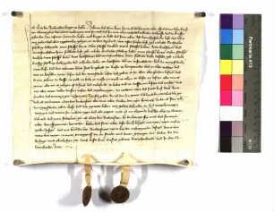 Götz von Bachenstein, Bürger zu Hall, bekundet: Er verkaufte um 390 Gulden rheinisch an Heinrich Keck, Bürger zu Hall, zu Unterspeltach zwei Höfe und ein Lehen (Inhaber 1: Rühe, Gült: 16 Schilling Heller, 2 Scheffel Korn, 7 Scheffel Dinkel, 9 Scheffel Hafer, 3 Herbsthühner, 1 Fastnachtshuhn; Inhaber 2: Fridlieb, Gült: wie vorher; Inhaber 3: wie 2, Gült: 30 Schilling 18 Heller, 1 Herbsthuhn, 1 Fastnachtshuhn - Alle Güter stehen zu Dienst und Hauptrecht).
