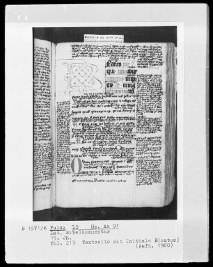 Lateinischer Bibelkommentar — Initiale B(eatus), Folio 213recto
