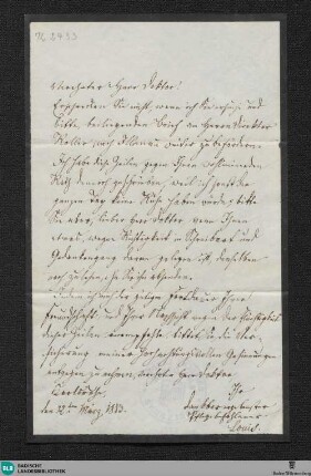Brief von Großherzog Baden Ludwig II. an Unbekannt, 12.03.1853 - K 2433