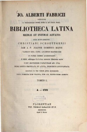 Jo. Alberti Fabricii Bibliotheca Latina mediae et infimae aetatis, 1. A - Cyr