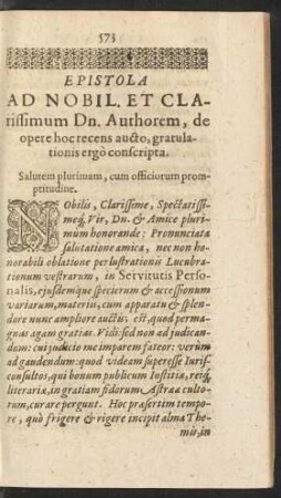 Epistola Ad Nobil. Et Clarissimum Dn. Authorem,
