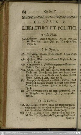Classis V. Libri Ethici Et Politici