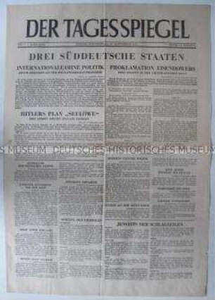 Erste Ausgabe der Berliner Tageszeitung "Der Tagesspiegel" zu Festlegungen bezüglich der Verwaltungsstruktur in der amerikanischen Besatzungszone