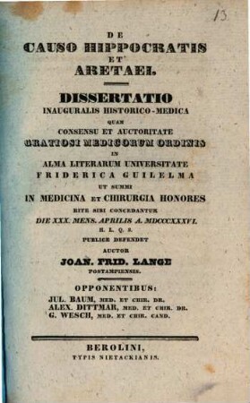 De causo Hippocratis et Aretaei : Diss. inaug. hist. med.