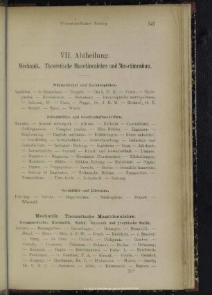 VII. Abtheilung. Mechanik. Theoretische Maschinenlehre. Maschinenbau