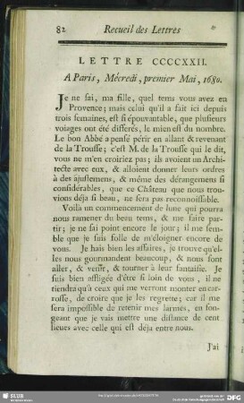 Lettre CCCCXXII. A Paris, Mécredi, premier Mai, 1680