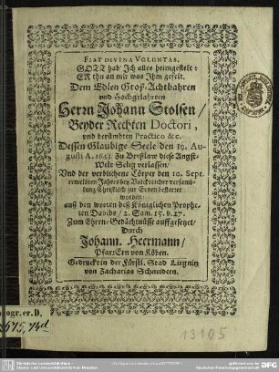 Fiat divina voluntas ... Johann Stolsen ... aufgesetzet