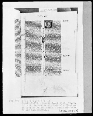 Bibel — Initiale E (xultate deo), darin David mit der Harfe und Glockenspiel, Folio 219recto