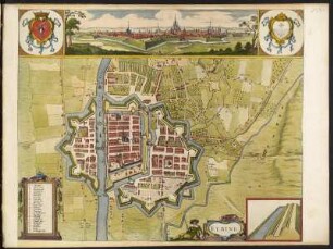 Stadtplan von Elbing, Polen, 1:5 300, kolorierter Kupferstich, um 1660 : Elbing. [Ca. 1:5.300] / [Amsterdam] : [Ioannes Ianssonius], [1660]. - 1 Vogelschaukarte : 1 Kupferst. ; 51,5 x 33,2 cm, Bildgr. 51,5 x 41,9 cm. - Mit 2 Wappen oben links u. rechts - Titelkartusche unten rechts - Mit 1 Ansicht d. Stadt oben. - 34,8 x 8,4 cm. - Mit Gebäudeverz. - Mit 1 Querschnitt durch d. Befestigungsanlage. - Vermutl. aus: Theatrum Praecipuarum Urbium Positarum Ad Septentrionalem Europae Plagam : Cum privil. Sac. Caes. et Reg. Maj.
