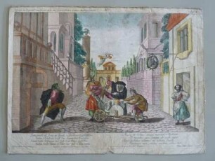 Guckkastenbild der Reihe "Der Schwätzer und der Leichtgläubige", Tafel 4 mit Folterszene eines Harlekins vor Stadtlandschaft