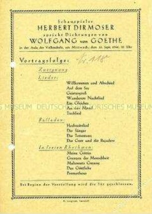 Programmblatt zu einem Literatur-Abend mit Werken von Johann Wolfgang von Goethe