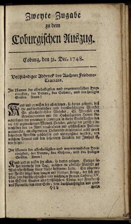 Zweyte Zugabe zu dem Coburgischen Auszug. Coburg, den 31. Dec. 1748.