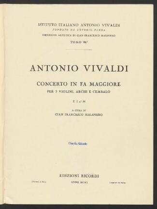 Concerto in Fa maggiore per 3 violini, archi e cembalo : F. I no. 34