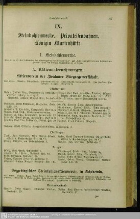 IX. Steinkohlenwerke. Privateisenbahnen. Königin Marienhütte
