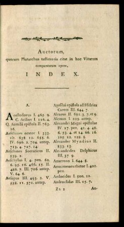 Auctorum, quorum Plutarchus testimonia citat in hoc Vitarum comparatarum opere. Index