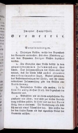 Zweyter Haupttheil. Geometrie. Vorerinnerungen.