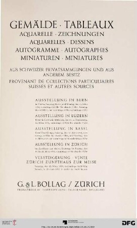 Gemälde, Aquarelle, Zeichnungen, Autogramme, Miniaturen aus Schweizer Privatsammlungen und aus anderem Besitz : Zürich, Zunfthaus zur Meise, 23. März 1935