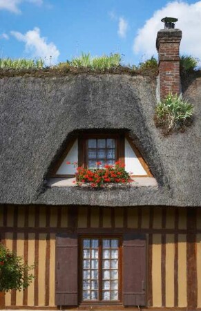 Frankreich. Haute Normandie. Eure. Vieux Port. Typisches Reetdach Haus