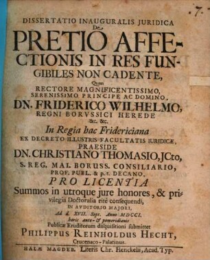 Dissertatio Inauguralis Juridica De Pretio Affectionis In Res Fungibiles Non Cadente