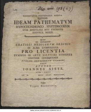 Dissertatio Inavgvralis Medica Sistens Ideam Pathematvm Hypochondriaco-Hystericorvm Cvm Singvlari Hvc Faciente Historia Morbi