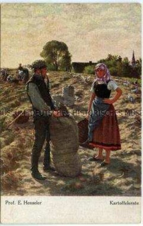 Postkarte mit Gemäldereproduktion: Kartoffelernte