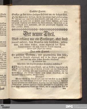 Der neunte Theil. Wird erklaeret wie [man]... dem Krancken solle beystehen..., wann allgemach des Tods-Kampff annahete