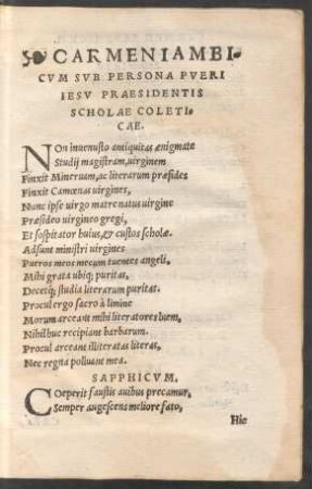 Carmen Iambicum Sub Persona Pueri Iesu Praesidentis Scholae Coleticae.