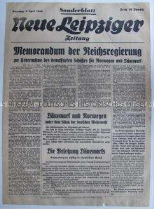 Sonderausgabe der Tageszeitung "Neue Leipziger Zeitung" zur Besetzung von Dänemark und Norwegen durch die Wehrmacht