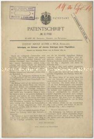 Patentschrift einer Befestigung von Schienen auf eisernen Unterlagen durch Flügelstützen, Patent-Nr. 31709