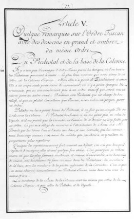 Autograph : Bodt, Jean de. Toskanische Säulenordnung. Autograph. Braune Tusche; 51,8 x 36,7 cm. 1. H. 18. Jh. Aus: 7 Artikel die architektonische Kunstlehre betreffend (Säulenordnung), Blatt 21. Dresden: SLUB Mscr. Dresd. B 67