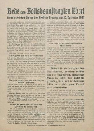 Rede des Volksbeauftragten Ebert : beim feierlichen Einzug der Berliner Truppen am 10. Dezember 1918