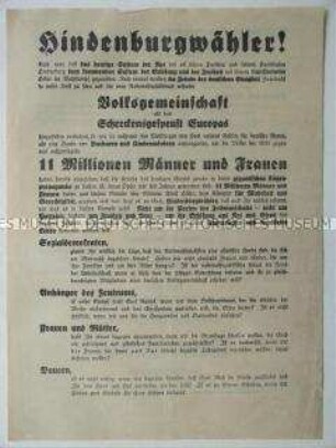 Wahlaufruf der NSDAP zur Reichspräsidentenwahl 1932 mit Blickrichtung auf alle Hindenburgwähler