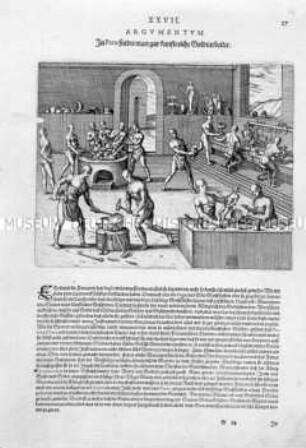 In Peru findet man gar kunstreiche Goldarbeiter - Illustration aus de Bry, Große und Kleine Reisen (Peru XXVII/27)