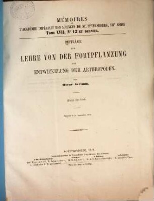 Beiträge zur Lehre von der Fortpflanzung und Entwickelung der Arthropoden