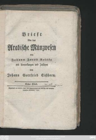 Briefe über das Arabische Münzwesen
