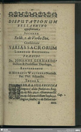 Disputationum Bellarmino oppositarum. Secunda Ex lib. 2. de Verbo Dei