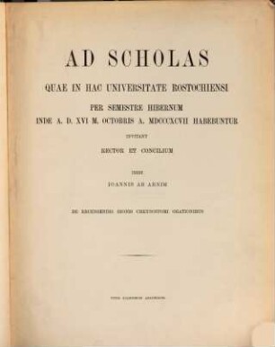 Inest Ioannis ab Arnim de recensendis Dionis Chrysostomi orationibus