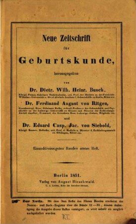Neue Zeitschrift für Geburtskunde. 31,1, 31,1. 1851